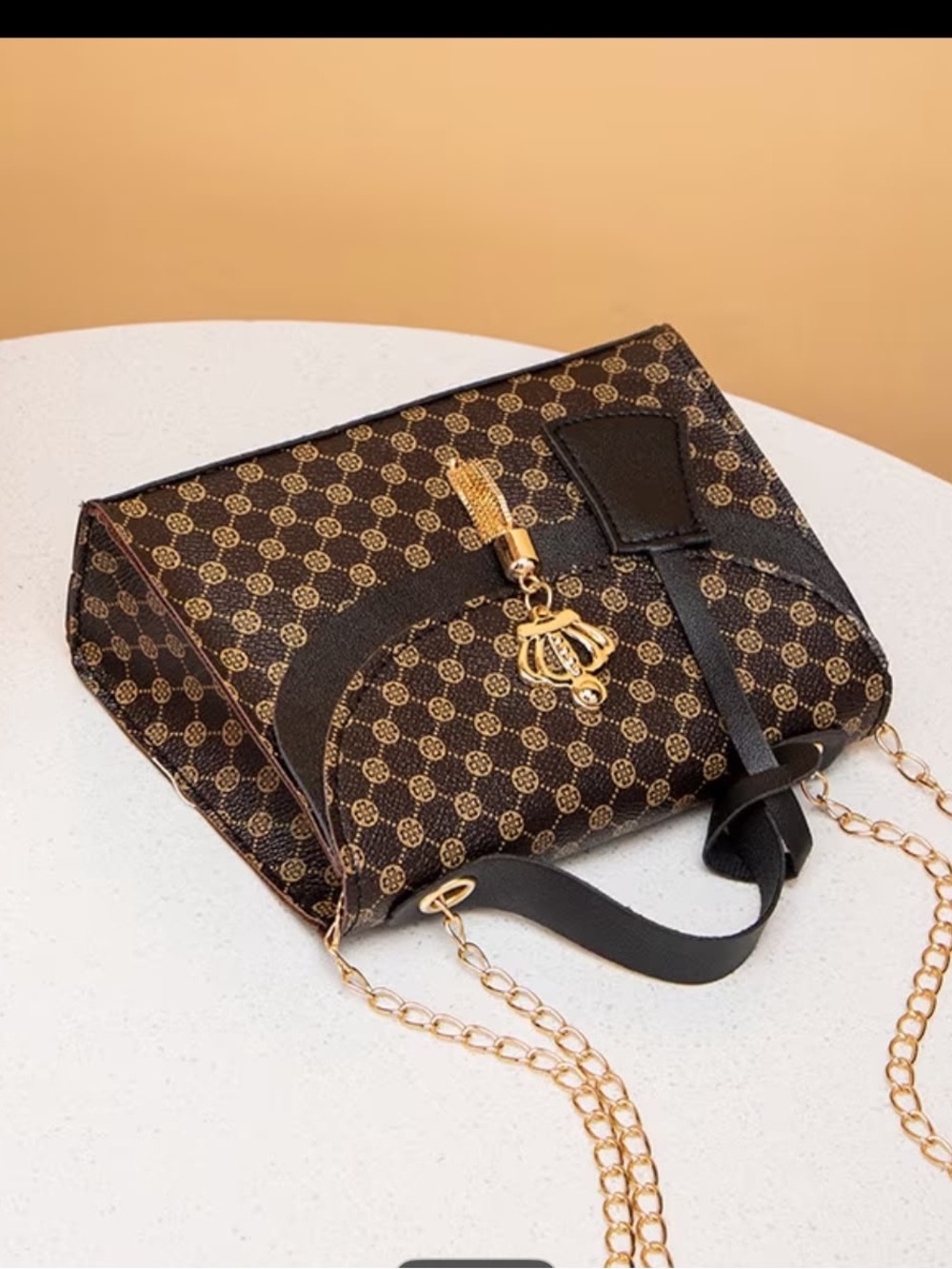 Luxury Brown Patterned Crossbody Bag with Gold Chain